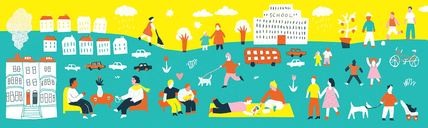 Bright, colourful illustration of a busy community